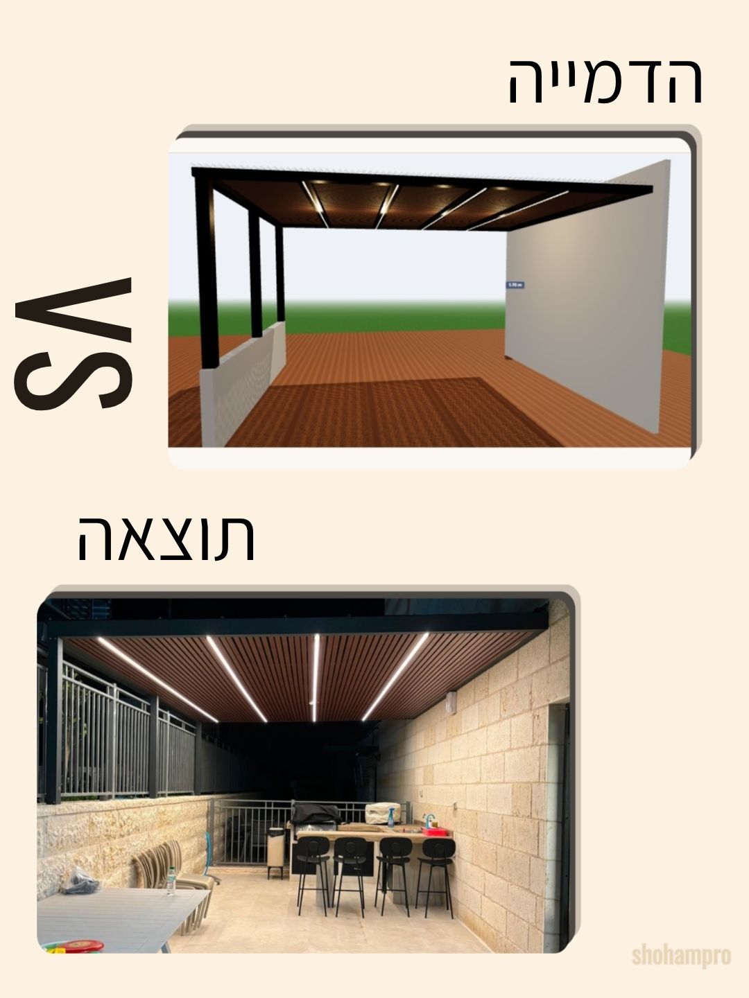 השוואה בין הדמיית פרגולה במערכת שוהם לבין ההתקנה בפועל